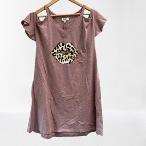 Umgee Cold Shoulder Lips Casual Cotton Mini Dress Dusty Rose NEW Small